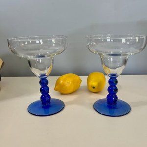 Vintage Cobalt Blue Bubble Stem Margarita Glasses Set of 2,  6"Heigh, 5" Across